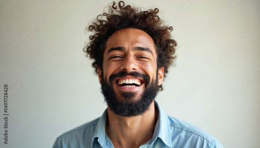 Young man portrait. Joyful person with thick beard, curly hair, wearing blue shirt. Wide smile expresses happiness and positive emotions. Healthy teeth, good mood. Young man portrait. Joyful person with thick beard, curly hair, wearing blue shirt. Wide smile expresses happiness and positive emotions. Healthy teeth, good mood.