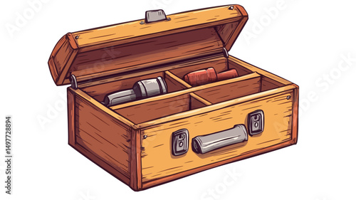 A digital illustration depicts a top-down perspective of an open wooden toolbox. The box is rendered in a cartoonish style with a yellowish-tan hue, suggesting aged wood. The wood grain is subtly