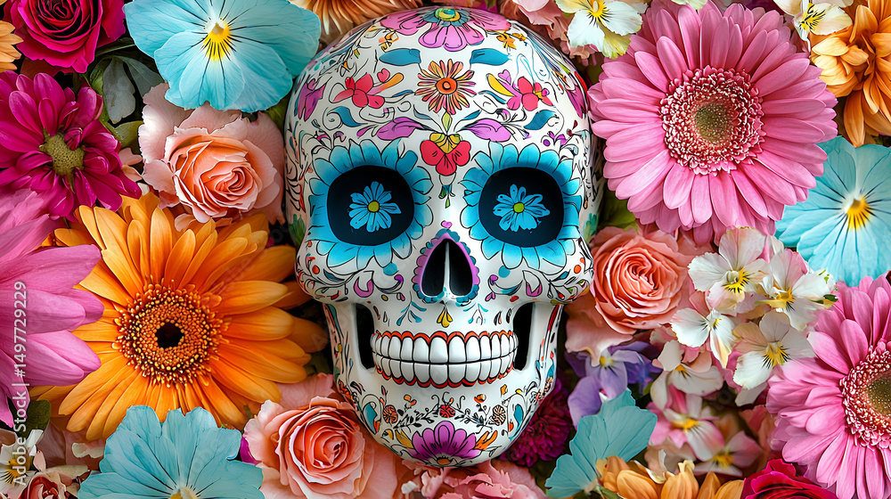 Colorful skull surrounded by vibrant flowers, symbolizing life and death festive manner. intricate designs evoke sense of celebration and culture Colorful skull surrounded by vibrant flowers, symbolizing life and death festive manner. intricate designs evoke sense of celebration and culture