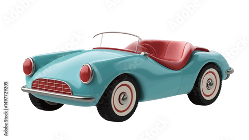 A high-angle, full shot depicts a vintage-style teal pedal car toy against a stark white background. The car is predominantly teal with red interior seating and white-rimmed wheels. The car