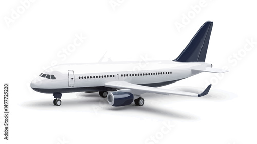 A three-quarter view of a meticulously rendered model of a modern passenger airplane, predominantly white with navy blue accents on the tail and engines. The airplane is presented against a pure