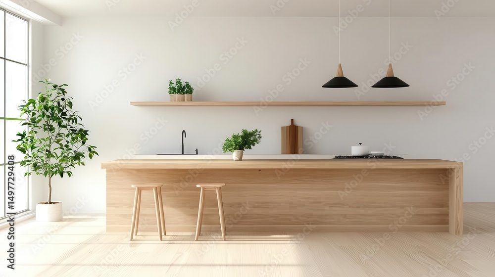 Fototapeta premium Cozy Japanese kitchen with natural wood details, soft curves, and an open, inviting layout