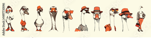 A group of cartoon geese dressed in stylish outfits and hats