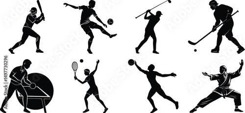 vector silhouettes of set  human playing football , 
playing golf , playing tennis, of different professions on white background