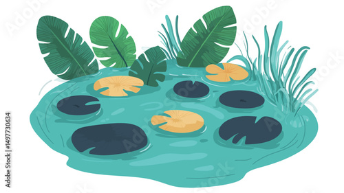 A digitally rendered illustration depicts a stylized pond with several dark teal and light yellow lily pads floating on the surface of the turquoise water. The water has a slightly irregular texture.