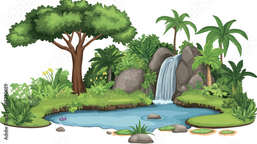 The image is a digital illustration depicting a vibrant tropical landscape with a small pond of light blue water centrally located, fed by a cascading waterfall from dark grey rocks.