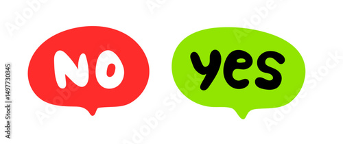 Doodle chat bubbles Yes or No choice. Agree and disagree sign. Approve or deny. Check and Cross sign. Vector illustration. Accept icon