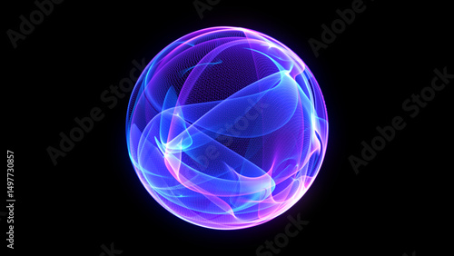 Blue and purple neon 3d sphere of gradient waves and glowing particles. Abstract technology concept, Artificial Intelligence, engineering, big data, and innovations. Vibrant futuristic sphere.
