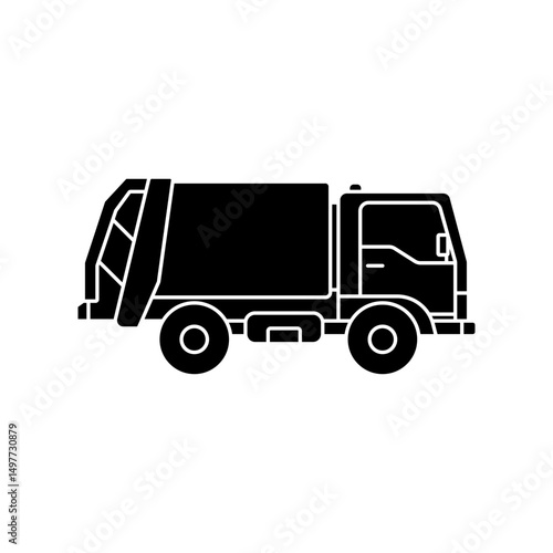 Black silhouette of a garbage truck in a minimalist vector style. Simple design without unnecessary details, ideal for use in infographics, mobile applications, pictograms and interfaces.