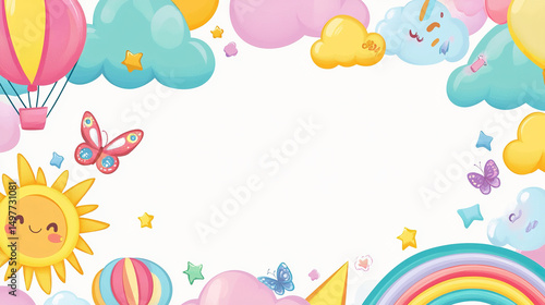 Cute cartoon frame border with rainbow, kites, balloons, sun, clouds, and butterflies on a white background in pastel colors, flat vector style for kids’ design and decoration.