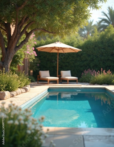 Wallpaper Mural Outdoor swimming pool with sun loungers under parasol. Mediterranean climate garden, blooming flowers, shrubs, trees. Villa architecture, leisure, relaxing lifestyle, vacation in backyard, summer Torontodigital.ca
