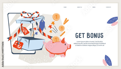 Bonus promotions and cashback offers banner. Marketing strategy of gifts and bonuses, voucher offer and loyalty cards, vector web banner design.