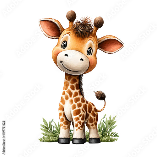 Cute cartoon giraffe standing on green grass, cheerful expression, playful character, perfect for children's themes and designs. Isolated on white background or PNG