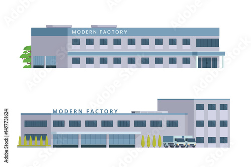 Modern Factory Building Vector Illustration, Industrial Warehouse Exterior. Clean editable flat design