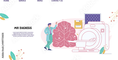 Brain surgery, medicine, and MRI exams banner template for clinic website. Neurosurgery and diagnostic of brain diseases, neurology. Vector illustration.