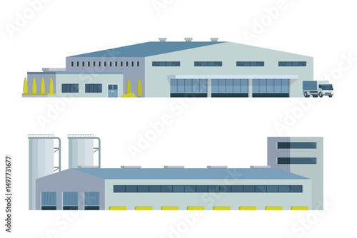 Modern Factory Building Vector Illustration, Industrial Warehouse Exterior. Clean editable flat design
