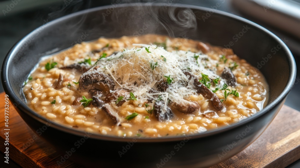 Close-up of a steaming bowl of mushroom risotto with parmesan cheese. Close-up of a steaming bowl of mushroom risotto with parmesan cheese.