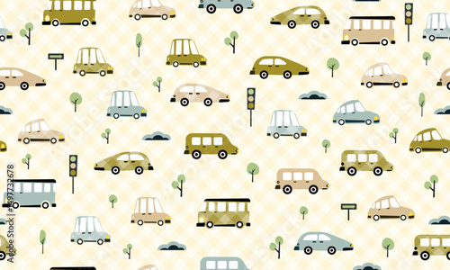 kids car transportation seamless pattern, different transportations, cloud, trees, check, grunge effect, creative, childish seamless pattern