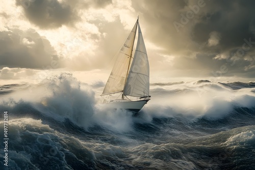 A small boat in the roaring waves