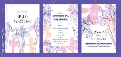 Wedding invitation card background vector. Elegant botanical flower decorate with line art iris flowers texture template background. Design illustration for wedding and vip cover template, banner.