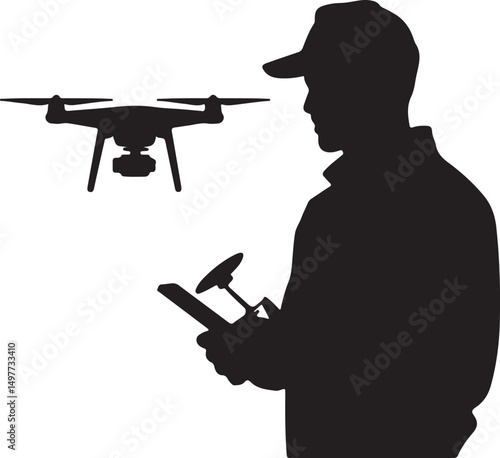 Silhouette Of Man Piloting Drone With Remote Controller On White Background.