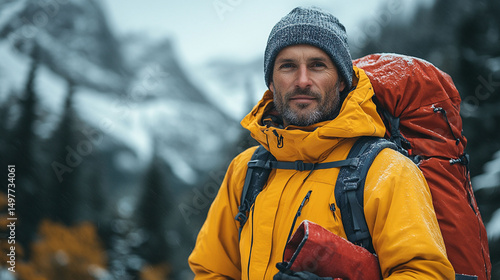 Man wearing winter gear, hiking in snowy mountains.