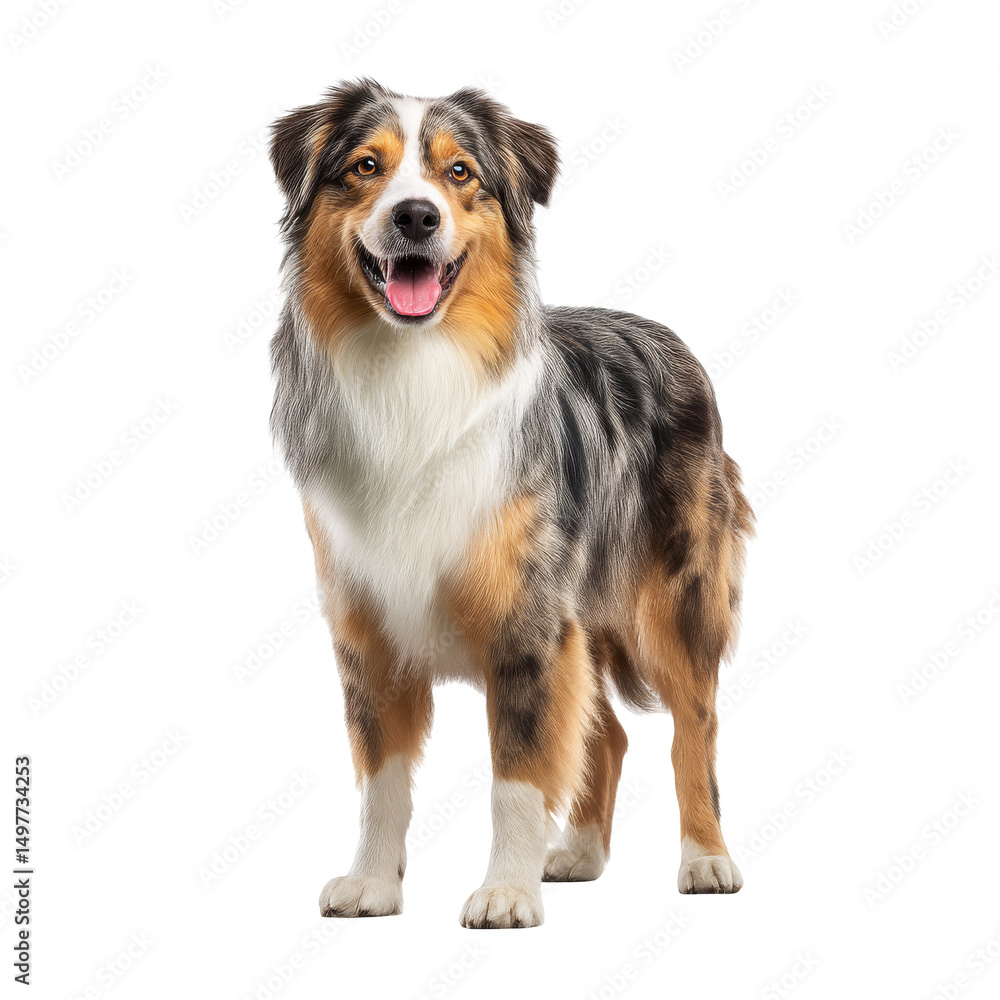 Fototapeta premium Happy Australian Shepherd standing on white background, playful nature and vibrant fur, perfect for pet-related content. Isolated on white background or PNG