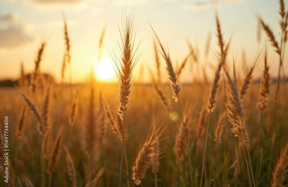 Golden wheat field at sunset. Agriculture farm farmland rural landscape with sun light. Beautiful nature background with golden hour light, plants. Natural organic growth. Sunshine on a summer day. Golden wheat field at sunset. Agriculture farm farmland rural landscape with sun light. Beautiful nature background with golden hour light, plants. Natural organic growth. Sunshine on a summer day.