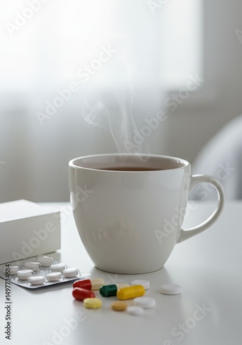 Hot cup of tea beside colorful pills on a white table