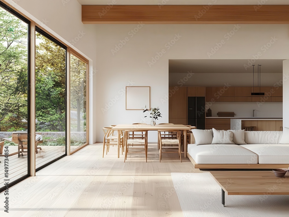 Fototapeta premium Contemporary Japanese villa interior with open mezzanine, seamless indooroutdoor connection, and wabisabi aesthetics