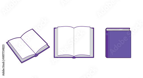 Different book positions, open and closed, blank pages, purple hardcover book illustration
