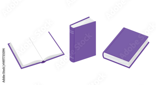Different book positions, open and closed, blank pages, purple hardcover book illustration