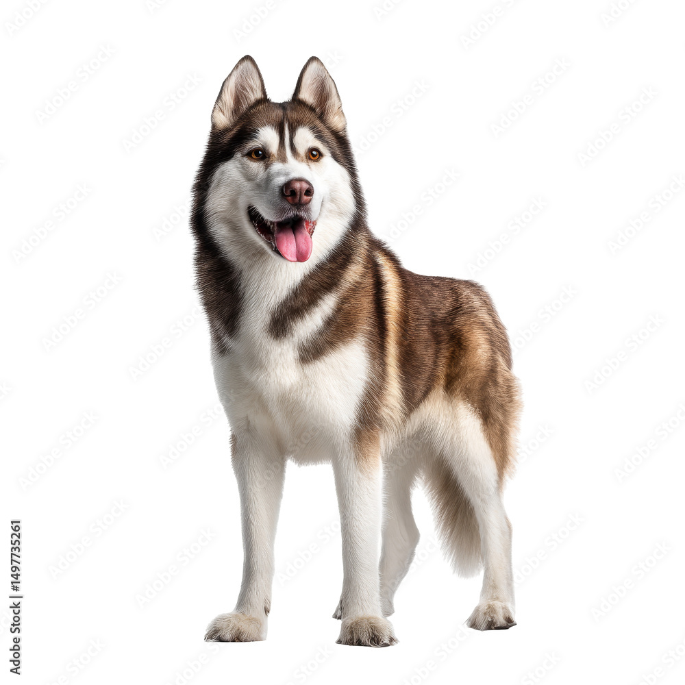 Playful Siberian husky standing proudly, featuring striking blue eyes and thick fur, ideal for pet-related themes and creativity. Isolated on white background or PNG Playful Siberian husky standing proudly, featuring striking blue eyes and thick fur, ideal for pet-related themes and creativity. Isolated on white background or PNG