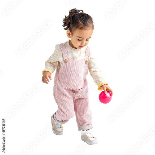 Toddler joyfully playing with a colorful ball, young child in soft pink overalls, bright expression, playful atmosphere. Isolated on white background or PNG