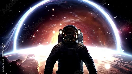 Alien Planet Annihilation: Astronaut observes world's end by black hole & vibrant cosmic energy. Seamless sci-fi abstract background