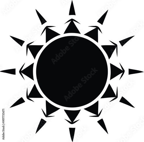 Isolated black sun symbol emits stylized triangular rays against a white background