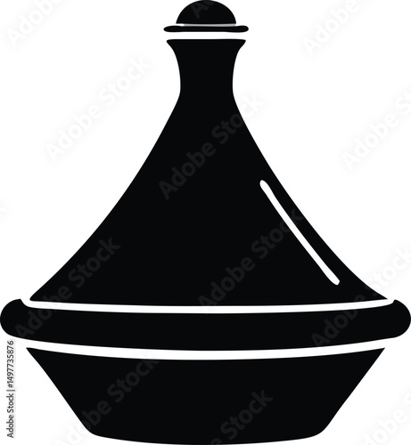 Black silhouette presents a traditional Moroccan tagine, showcasing its unique conical lid and base