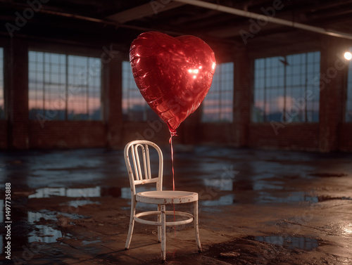 single helium balloon in glossy crimson red is tied to one chair leg