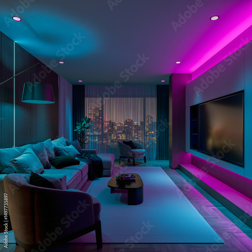 The living room with vibrant colors led lights, ready for cinematic mode.