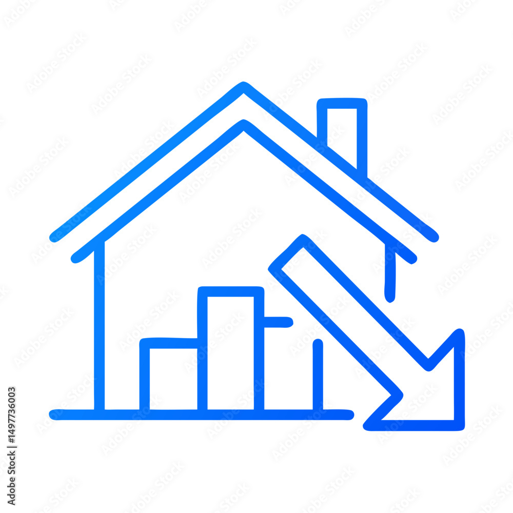 House market decline graph icon showing real estate price decrease and falling property value trend line chart on transparent background House market decline graph icon showing real estate price decrease and falling property value trend line chart on transparent background