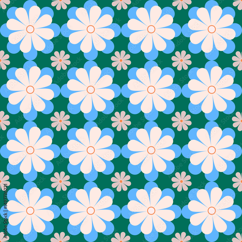Geometric flower pattern of blue, cream, brown, green colors. Abstract shape of floral design. Concept of seamless, retro, vintage, cute, playful for fashion, fabric, wrapping, decoration, background. Geometric flower pattern of blue, cream, brown, green colors. Abstract shape of floral design. Concept of seamless, retro, vintage, cute, playful for fashion, fabric, wrapping, decoration, background.