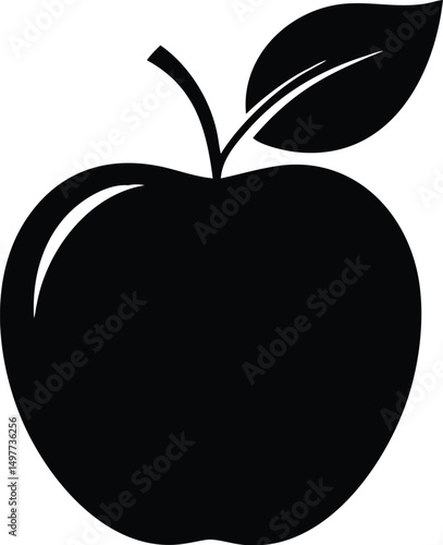 One simple shows a black apple with leaf on transparent background