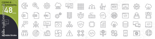 Coding and programming related icons set. Including code, developer, software, debugging, algorithms, laptop, script, and tech. Editable stroke. outline icons.