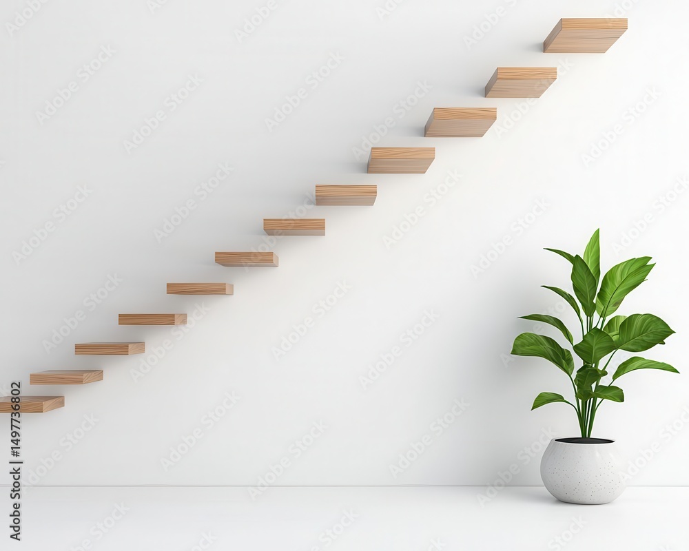 Contemporary Japanese interior with open mezzanine, floating wooden stairs, and minimalist aesthetics Contemporary Japanese interior with open mezzanine, floating wooden stairs, and minimalist aesthetics