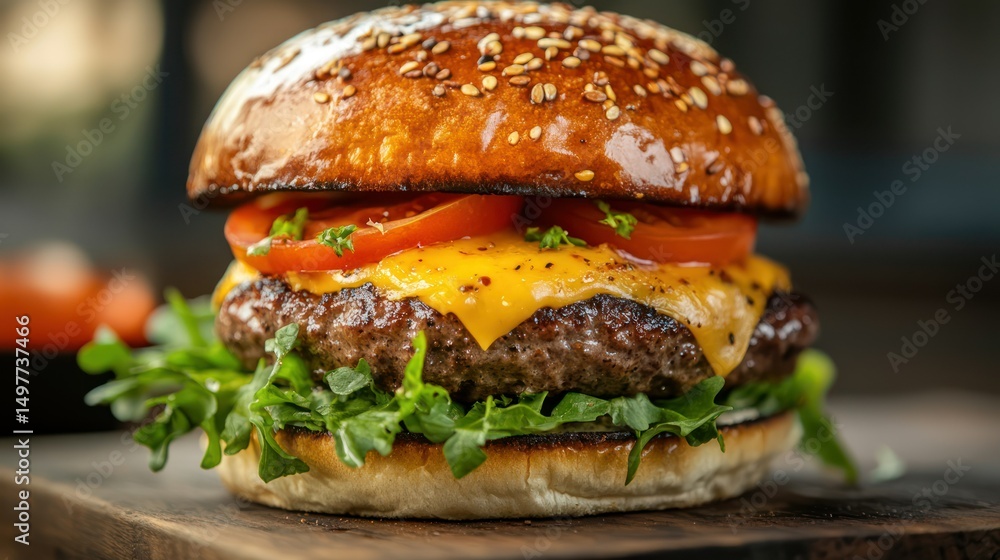 A delicious cheeseburger with lettuce, tomato, and sesame seed bun. A delicious cheeseburger with lettuce, tomato, and sesame seed bun.