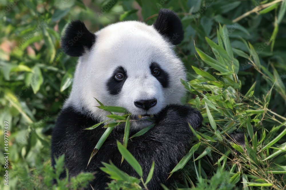 Adorable giant panda munching on fresh bamboo surrounded by lush greenery in a natural habitat setting, showcasing the beauty and playfulness of wildlife Adorable giant panda munching on fresh bamboo surrounded by lush greenery in a natural habitat setting, showcasing the beauty and playfulness of wildlife
