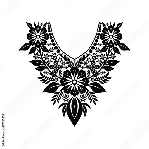 Black and white  Embroidery neck design silhouette
