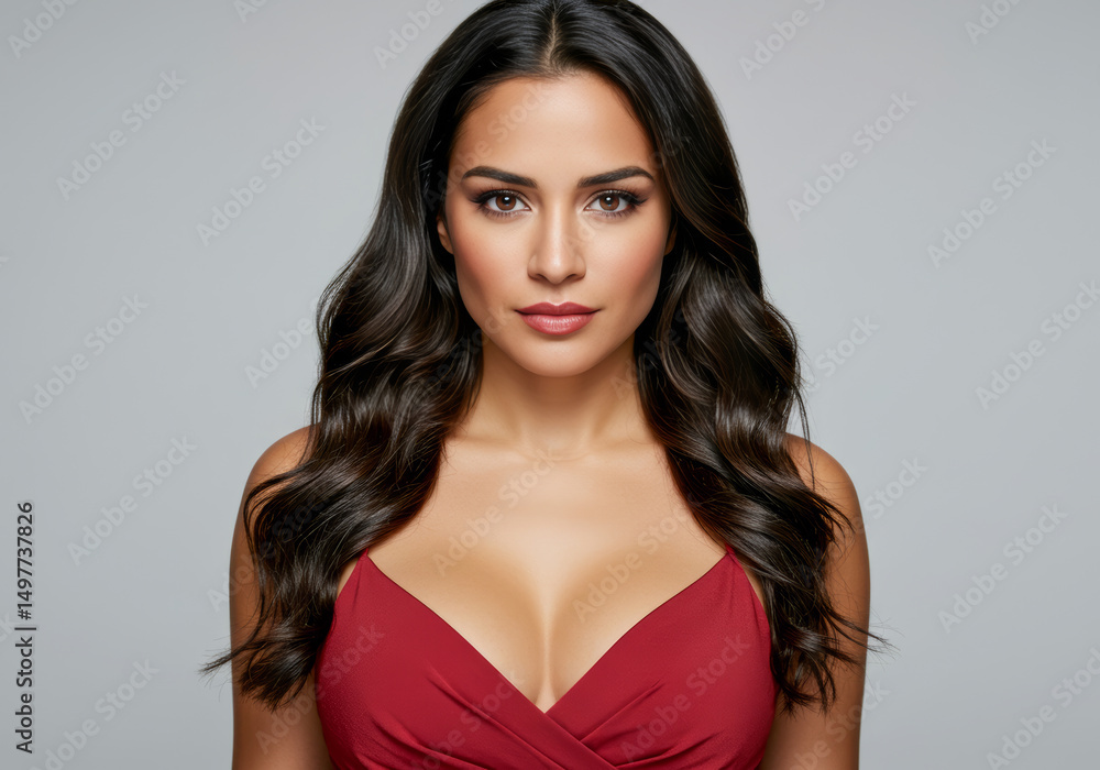Beautiful Woman with Long Wavy Hair in Red Dress Studio Portrait Beautiful Woman with Long Wavy Hair in Red Dress Studio Portrait