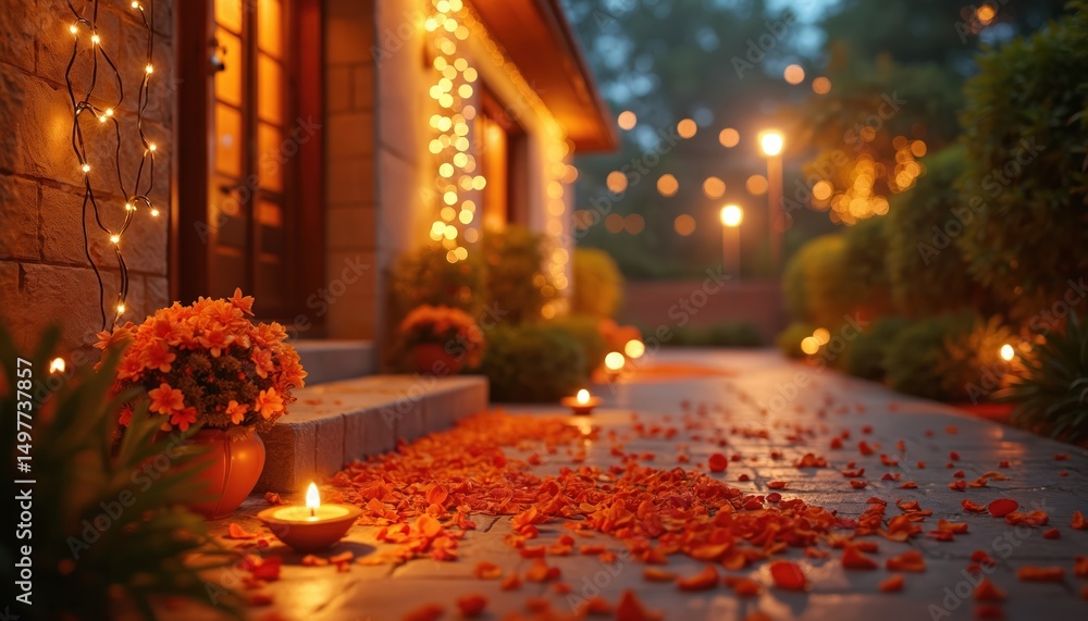 Obraz premium Diwali lights adorn home entrance. Illuminated path, lanterns, candles, flowers, petal decor. Night festival celebration with glowing lights, warm ambiance. Traditional Indian holiday, festive vibes.