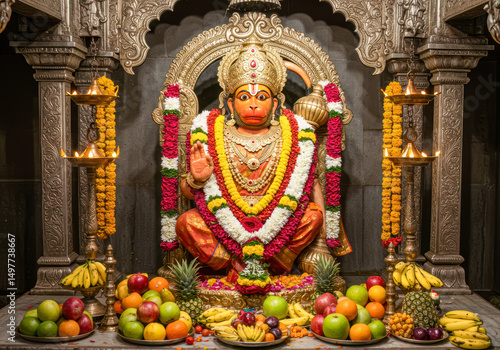 Ornate Hanuman Shrine Adorned with Flowers and Fruit Offering